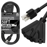 Kasonic 50ft extension cord with three outlets in outdoor setting powering tools.
