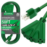 K KASONIC 50ft extension cord with three outlets for versatile outdoor use.