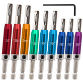K Kwokker self-centering drill bit set in colorful case for precise hinge drilling.
