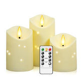 Kakoya outdoor ivory flameless candle with embedded star string for year-round patio ambiance.