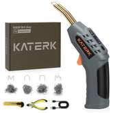 Katerk cordless plastic welder in use for portable repairs in tight spaces.