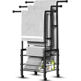 Kayfia standing towel rack with wheels shows large size for oversized towels and robes.