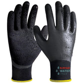 KAYGO waterproof work gloves with full-hand coating keep hands dry during wet tasks.