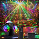 KBJ Disco Ball Party Lights unit close-up showing RGB colors and reflective panels