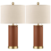 KDG brown PU leather table lamp pair with beige fabric shade for living room ambiance