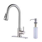 Keer brush nickel pull-down faucet with soap dispenser, sleek high-arc spout for easy reach.