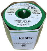 Kester K100LD lead-free solder spool top view for clean, reliable electrical joints.