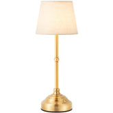 Keysays cordless table lamp front view with brushed gold finish and fabric shade for ambient lighting.
