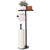 Kingmate free-standing toilet paper holder with top shelf for phone and tissues in a tidy bathroom.