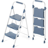 KINGRACK 3-step ladder blue side view shows a sturdy steel frame for safe reaching.