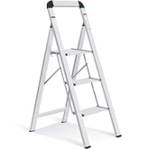 KINGRACK aluminium 3-step ladder side view highlights compact profile for tight spaces.