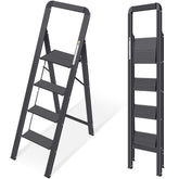 KINGRACK aluminium 4-step ladder folded for compact storage in tight spaces.