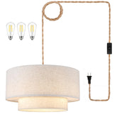 Kirahee plug-in pendant with a two-tier linen drum shade, delivering warm downward illumination.