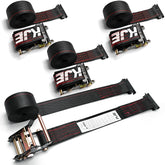 KJE E-Track ratchet strap with black webbing secures cargo on trailers.