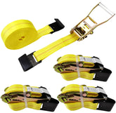 KJE flat-hook ratchet strap with flat hooks secures loads on flatbeds and trailers.