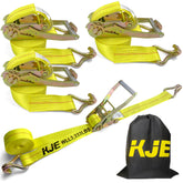 KJE ratchet strap with J-hooks securing cargo on a trailer.