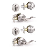 Knobonly two-set exterior lockset with satin nickel finish for secure entry.