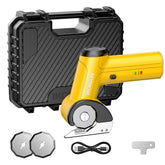 KOMAX cordless cardboard cutter in action showing high-torque motor for fast cuts