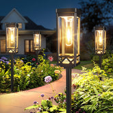 KOOPER solar pathway lights with rectangular lampshades cast warm walkway glow, enhancing curb appeal.