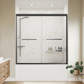 Kosmonia bathtub door with adjustable width for a seamless tub fit.