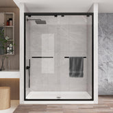 KPUY glass shower door front view with matte black frame for a modern bathroom.