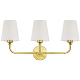 Kvhiiw three-light vanity with brushed gold finish provides cohesive bathroom lighting.