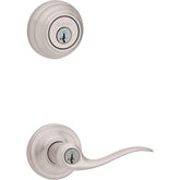 Kwikset 99910-040 Tustin lever close-up with satin nickel finish and durable hardware.