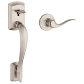 Kwikset Avalon exterior front door handle set with satin nickel finish for stylish, secure entry