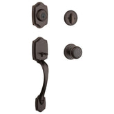 Kwikset Belleview exterior front door handle and deadbolt set for secure entry.