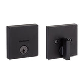 Kwikset Downtown Deadbolt in matte black square exterior keyed front entry delivers sturdy security.