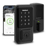 Kwikset Halo touchscreen front door image showing keyless entry and remote control.