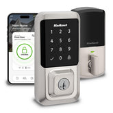 Kwikset Halo front view with lit touchscreen keypad for keyless entry.