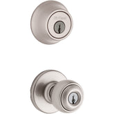Kwikset Polo entry knob satin nickel on exterior doors for secure entry.
