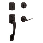 Kwikset Prescott front door hardware in Venetian Bronze for secure exterior entry.