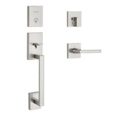 Kwikset San Clemente front door lock handle set for secure exterior entry.
