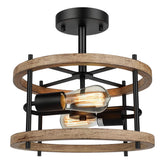 Lakumu 2-light retro semi-flush ceiling light with wood and black metal finish for vintage ambience