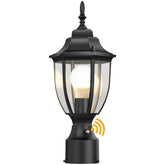 Lamomo dusk-to-dawn post light front view with automatic nightly illumination