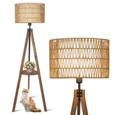 LAMSU boho tripod floor lamp with rattan shade provides warm ambient light.