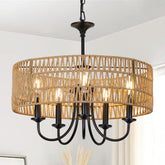 LAMSU modern farmhouse chandelier with 5 lights over dining table, warm ambience.