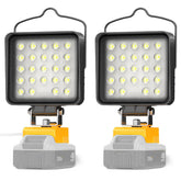 LANKA 2pcs cordless LED work light with DeWalt 20V battery, ideal for on-site visibility.