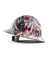 LANON full brim hard hat with American flag design shown on a worksite