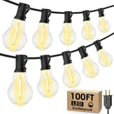 Larkvue 100ft outdoor string lights illuminate patios with a warm glow for evenings