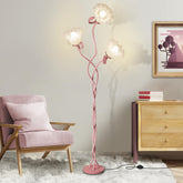 Larnix flower-standing-lamp in pink bedroom with adjustable light for reading and ambiance.