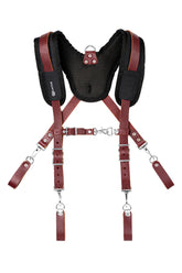 Laotus leather padded tool belt suspenders closeup, highlighting durable leather and stitching.