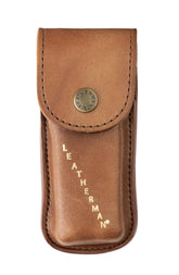 Heritage Leatherman sheath close-up of durable brown leather with reinforced snap for tool protection