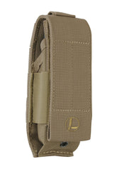 Leatherman MOLLE sheath in brown highlights its main compartment for tools, on the go