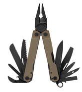Leatherman Rebar in coyote tan front view shows all-locking tools for everyday carry.