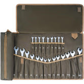LEFOR·Z wrench roll organizer in olive green opened showing 23+1 pockets for easy tool access.