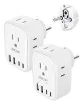 LENCENT travel adapter connected to an EU outlet powering four devices.