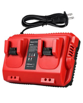 Lenoya 18V rapid charger front view with dual ports and LED indicator for Milwaukee batteries.